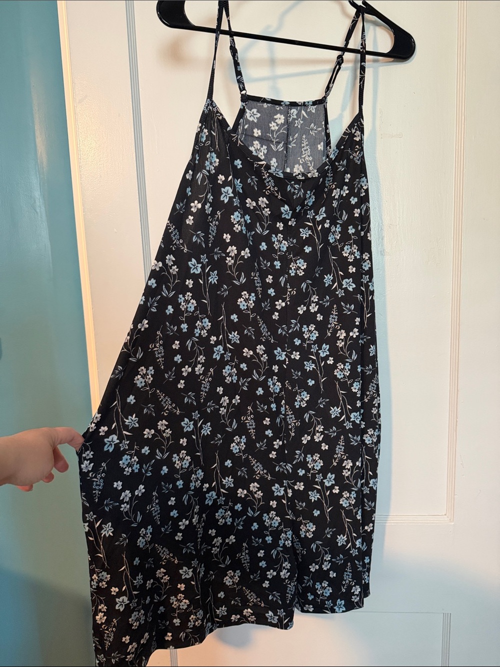 Black Floral Spaghetti Strap Romper with Blue and White Flowers size 3X